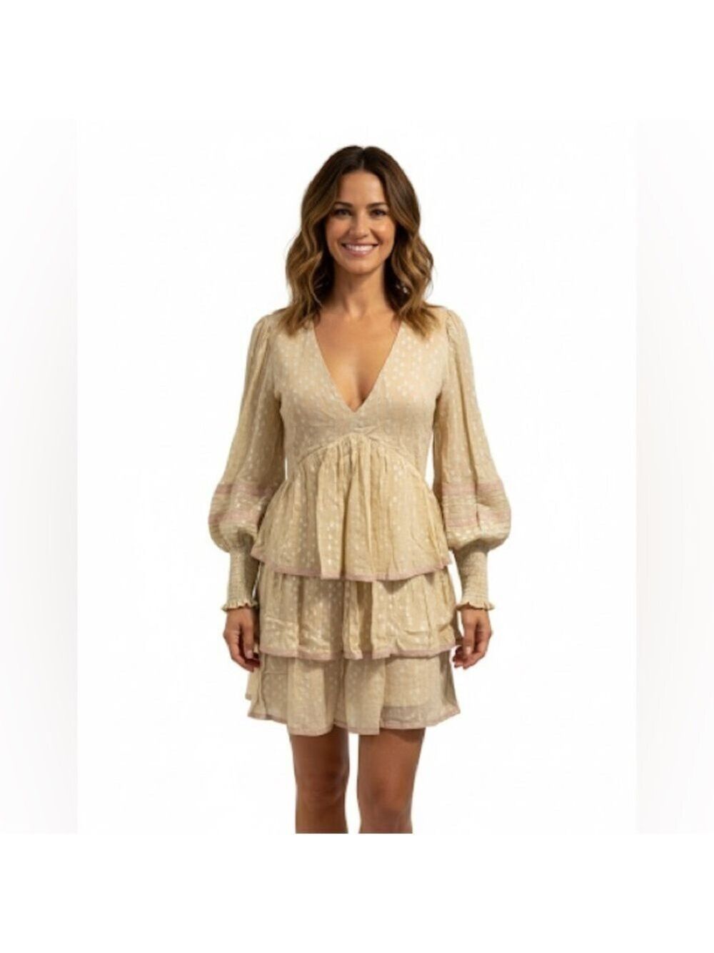 Saltwater LUXE Champagne and Silver Layered/Ruffled Babydoll Dress - size s - Picture 1 of 4